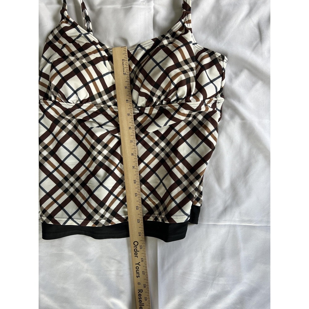 Tropical Honey Tankini Swim Top Womens 12 Brown White Black Plaid Padded Cups - Picture 8 of 9